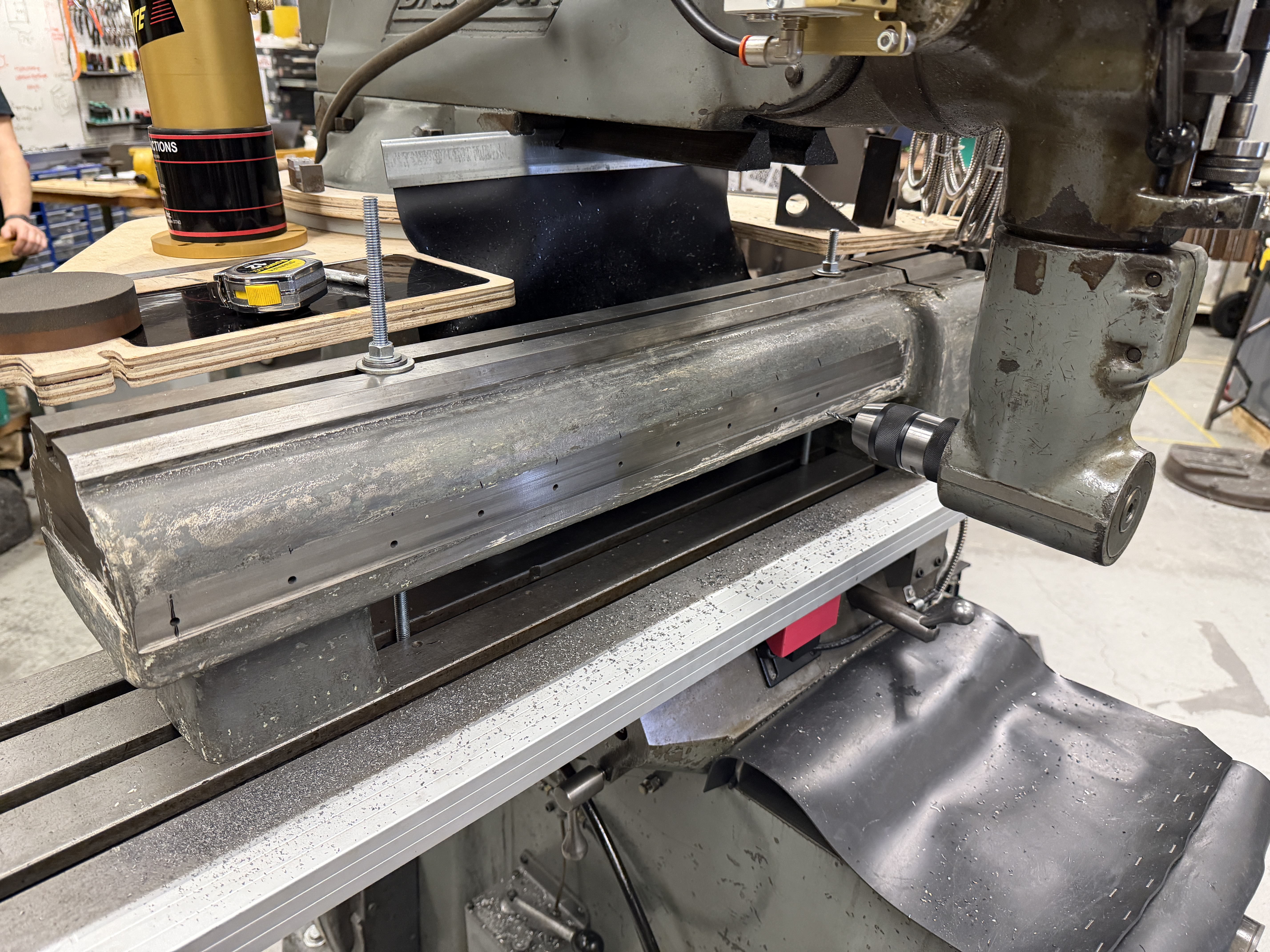 Drilling and tapping mounting holes in the lathe bed
